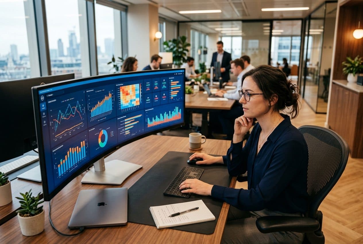 Data analyst reviewing analytics dashboards