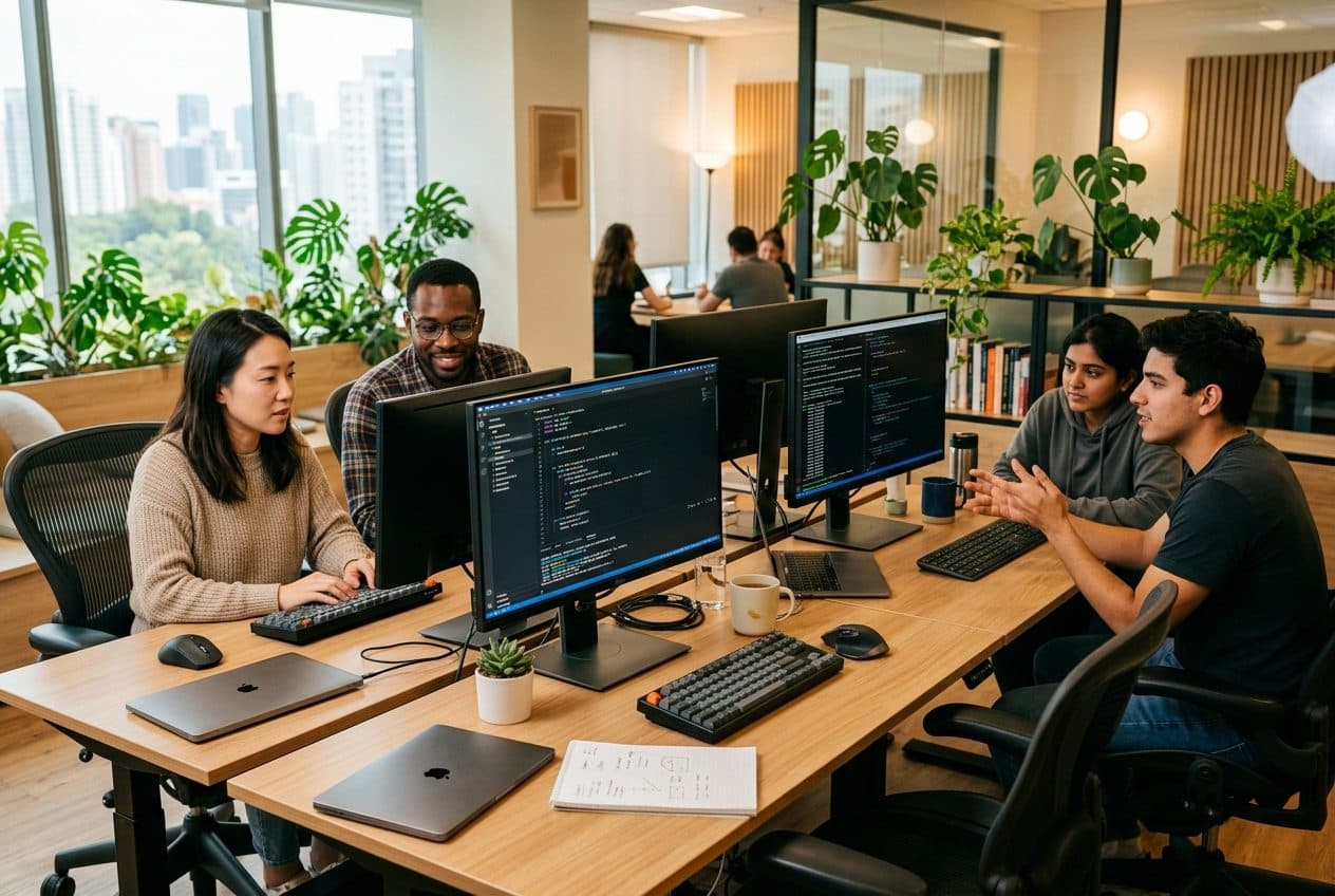 Software engineers collaborating in a technology workspace